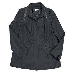 Akris Punto Women's Size 14 Black Wool w/Faux Leather Trim Jacket Button Front